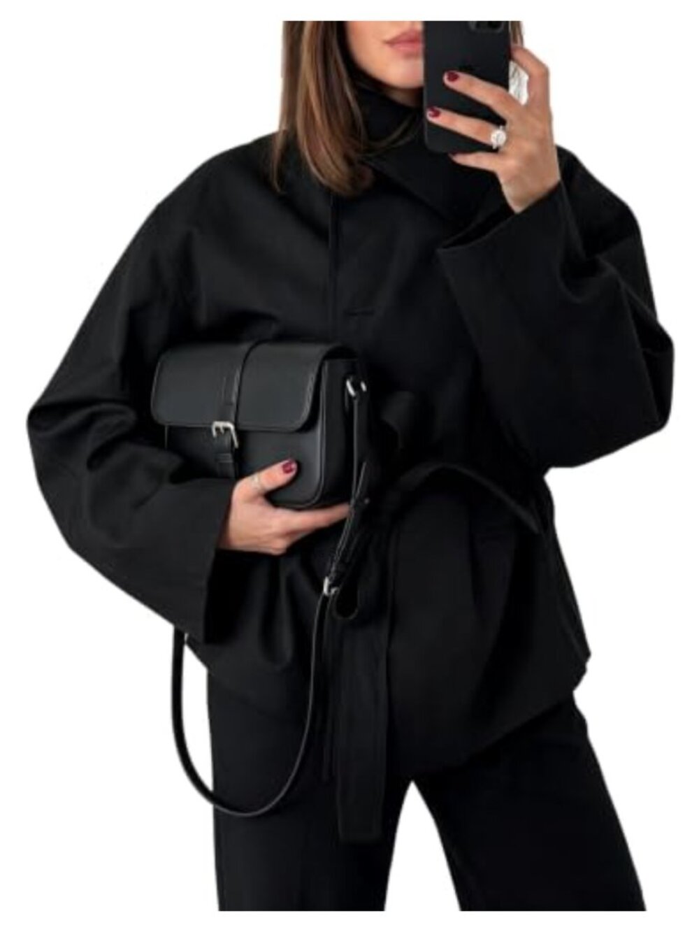 Women's Lapel Collar Self-Tie Belt Trench Coat Loose Fit Windproof Casual Jacket